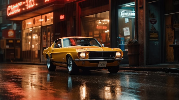 Un coche amarillo bajo la lluvia con la matrícula número 678