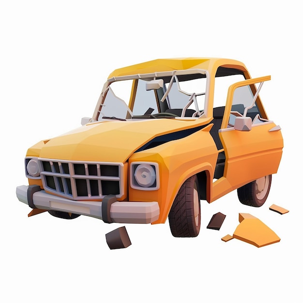 un coche amarillo con un parachoques delantero roto y el parachoques frontal está roto