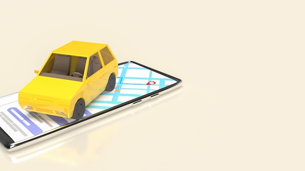 El coche amarillo en el teléfono móvil para aplicaciones o concepto de transporte renderización 3D