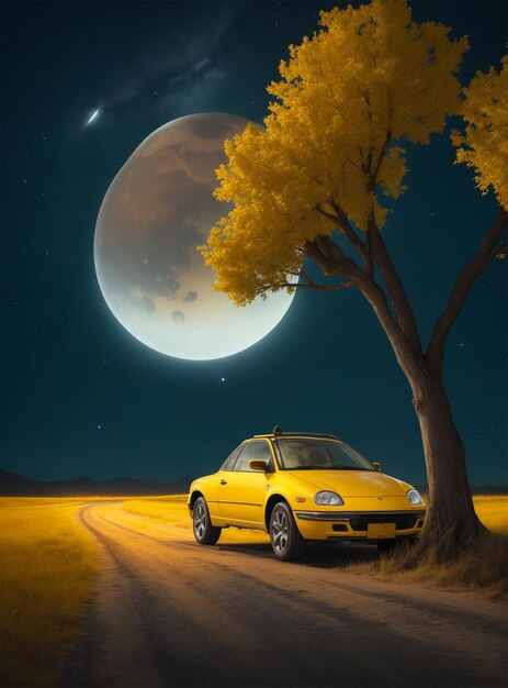 Foto coche amarillo en la vista nocturna