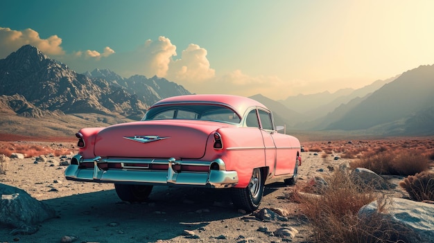 Foto coche americano clásico rosa con fondo de pantalla del gran cañón