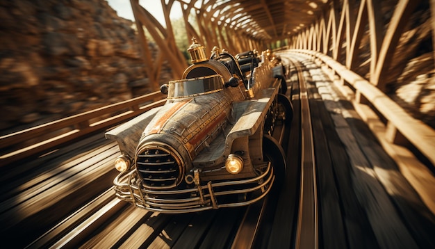 Foto un coche anticuado avanza a toda velocidad por el bosque en una vía ferroviaria oxidada generada por la ia