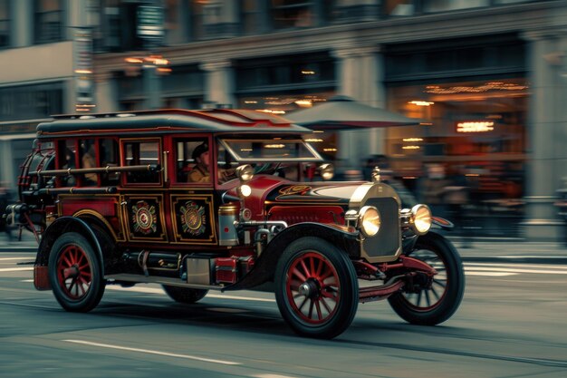 Foto un coche anticuado conduciendo por una calle de la ciudad