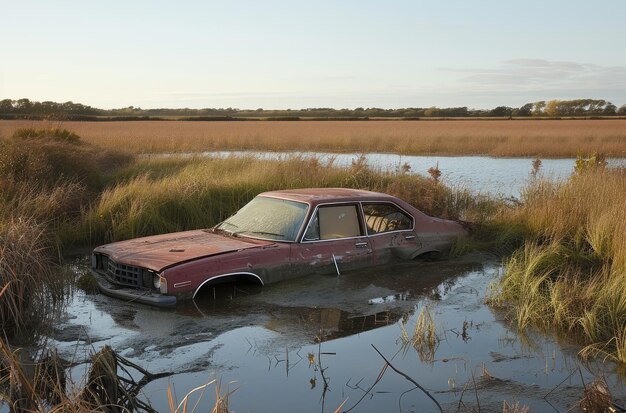 Un coche antiguo abandonado sumergido en los humedales