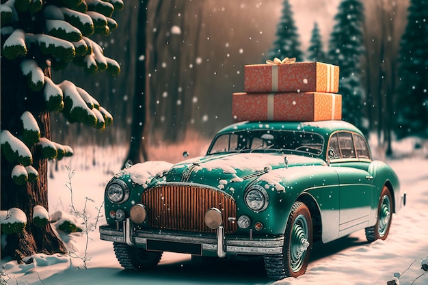 Coche antiguo con cajas de regalo en un bosque nevado