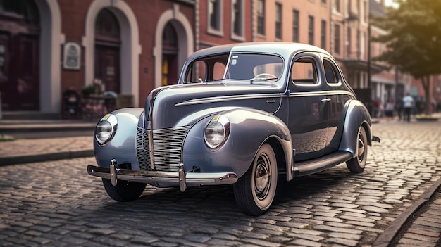 Un coche antiguo en una calle adoquinada de la ciudad.