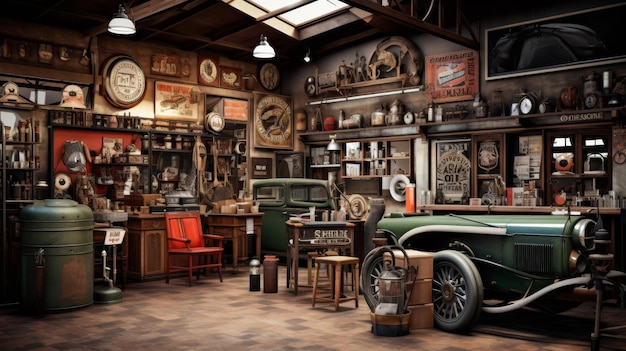 Foto un coche antiguo está estacionado en un garaje débilmente iluminado evocando nostalgia y misterio