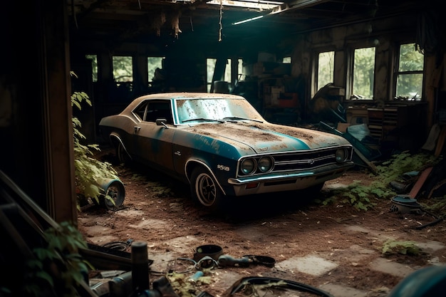 Un coche antiguo en un garaje abandonado