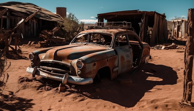 Coche antiguo oxidado abandonado en un camino de tierra generado por IA