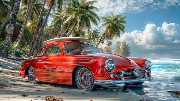 Coche antiguo en la playa en los trópicos