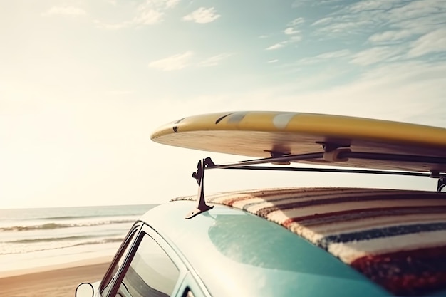 Coche antiguo con una tabla de surf en el techo y una playa de fondo Ai generativo