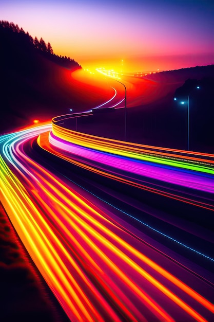 El coche se apresura por la carretera una pista nocturna con luces de colores las luces del coche de la noche