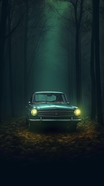 Coche Arafed en un bosque oscuro con niebla y luz generativa ai