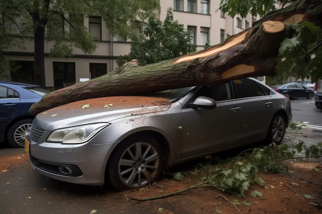 Un coche con un árbol en el techo es aplastado por un árbol