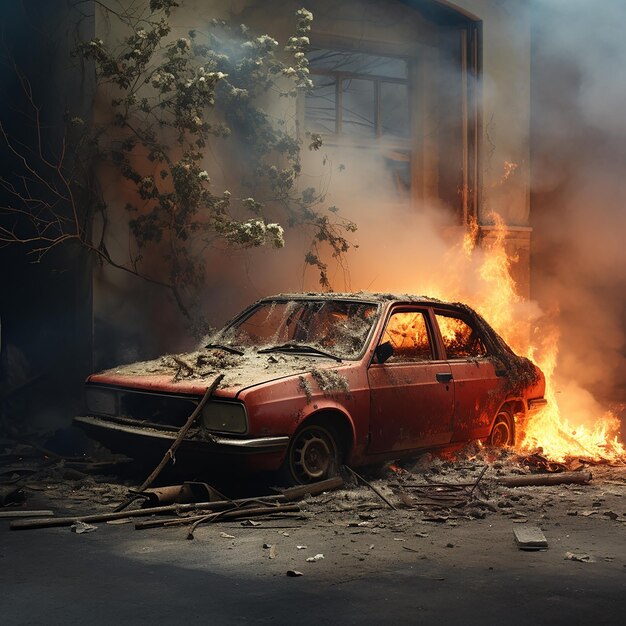 Foto el coche está ardiendo debido a la guerra.