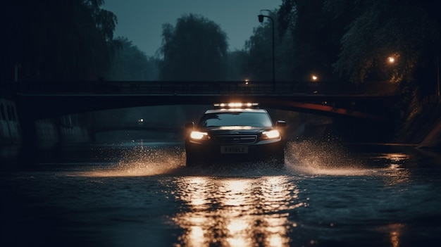 Un coche atraviesa un puente inundado de noche.