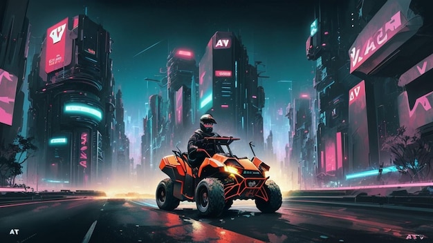 Coche ATV en una ciudad futurista de ciencia ficción cibernética metaversa