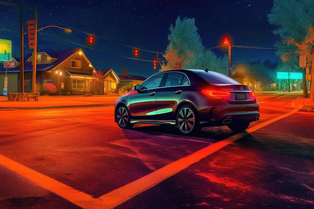 Coche autónomo en carretera inteligente iluminada por la noche creado con IA generativa