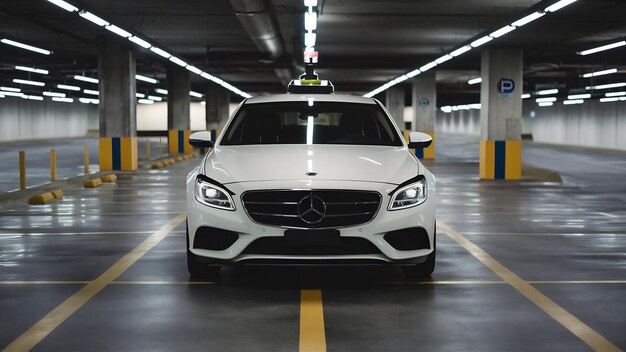 Foto coche autónomo controlado con una aplicación en el teléfono inteligente para aparcar en el estacionamiento