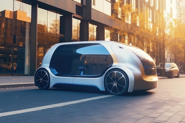 Coche autónomo futurista en las calles de la ciudad IA generativa