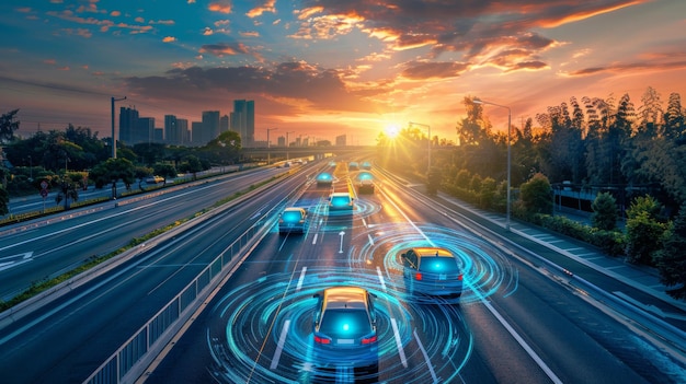 Foto el coche autónomo navega por el tráfico de la autopista