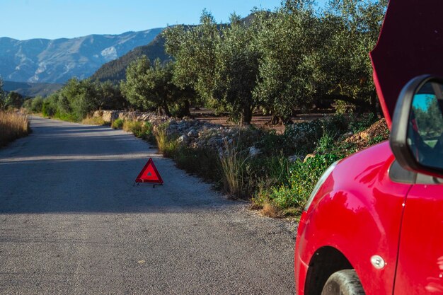 Coche averiado con capó abierto y triángulo de advertencia en la zanja de una carretera secundaria.