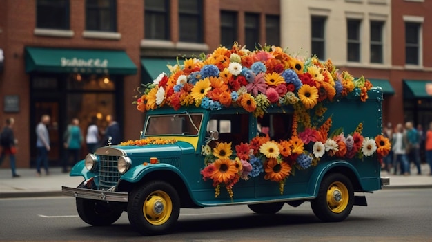 un coche azul y amarillo con flores en el frente y la palabra 99 en el frente