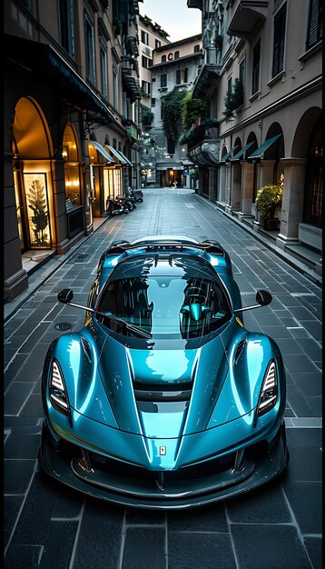 Foto un coche azul con la capucha arriba está estacionado frente a un edificio