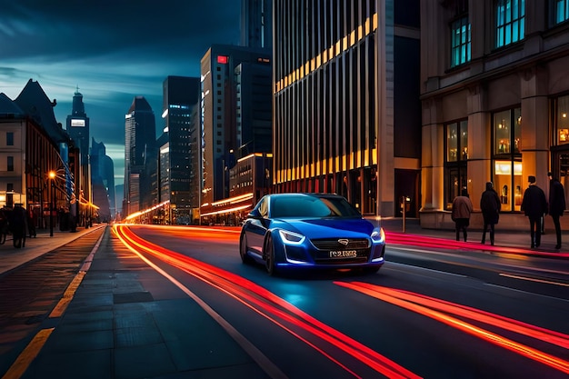 Un coche azul conduce por una calle de la ciudad por la noche.