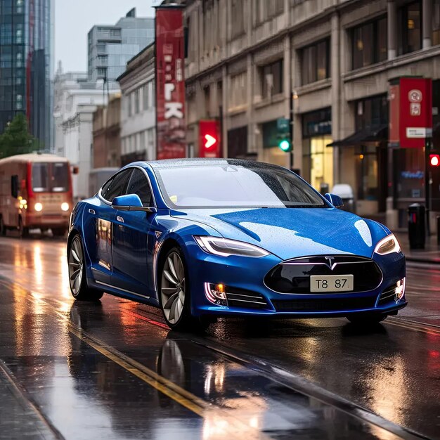 Un coche azul conduciendo por una calle empapada de lluvia