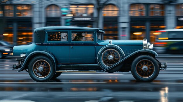 Foto un coche azul está conduciendo por la calle bajo la lluvia