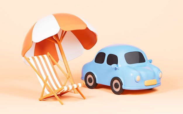 Coche azul de dibujos animados y sombrilla de playa con silla de playa en el fondo amarillo concepto de recorrido autónomo representación 3d