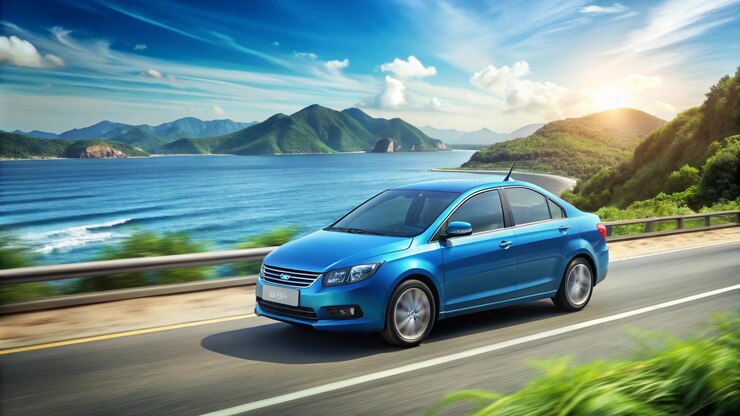 un coche azul está conduciendo por la carretera con el sol brillando en el lado