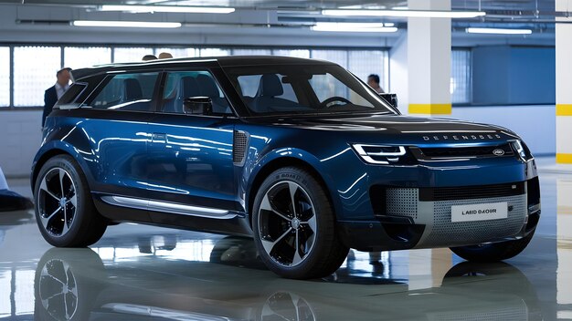 un coche azul está estacionado en un garaje con una línea amarilla