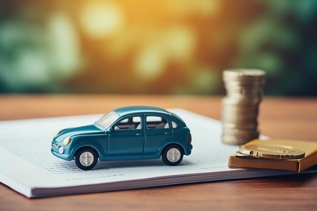 un coche azul está en un libro con una pila de monedas en él