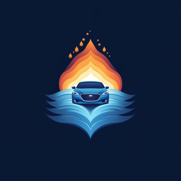 Foto el coche azul rodeado de agua y fuego