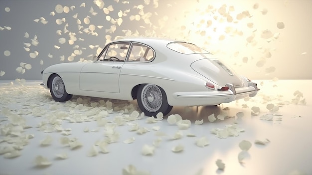 Coche blanco de boda decorado con flores festivas fondo de pétalos de rosa generado por IA