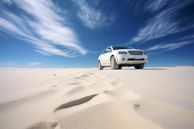 Un coche blanco está estacionado en la arena del desierto.