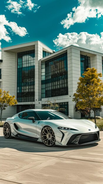 Un coche blanco está estacionado frente a un gran edificio