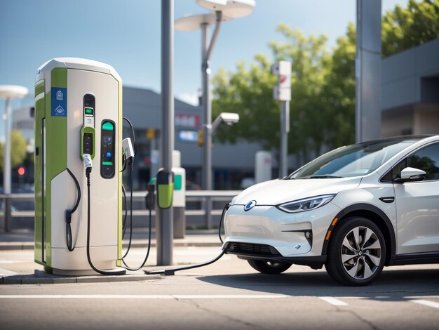 un coche blanco está estacionado en una gasolinera con la palabra enchufado