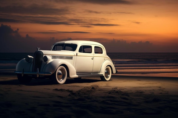 un coche blanco está estacionado en una playa con el sol poniéndose detrás de él.