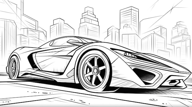 Foto un coche blanco y negro con un dibujo de un paisaje urbano.