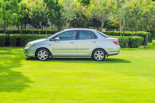 Coche blanco sobre un césped verde al aire libre