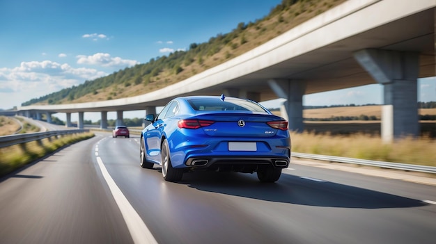 un coche BMW azul está conduciendo por una autopista