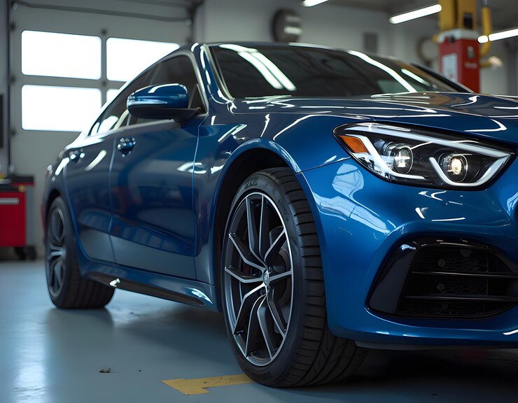 un coche BMW azul está estacionado en un garaje