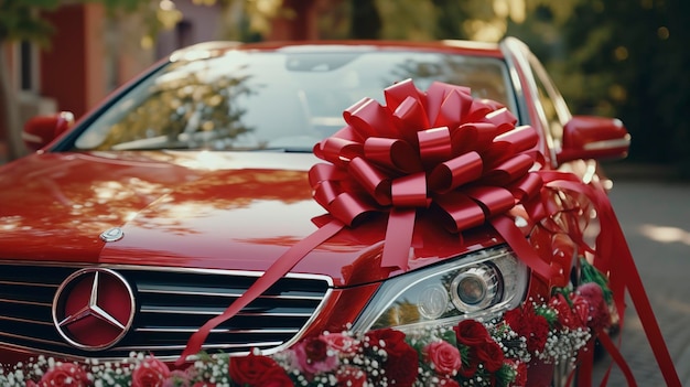 El coche de la boda decorado con cintas