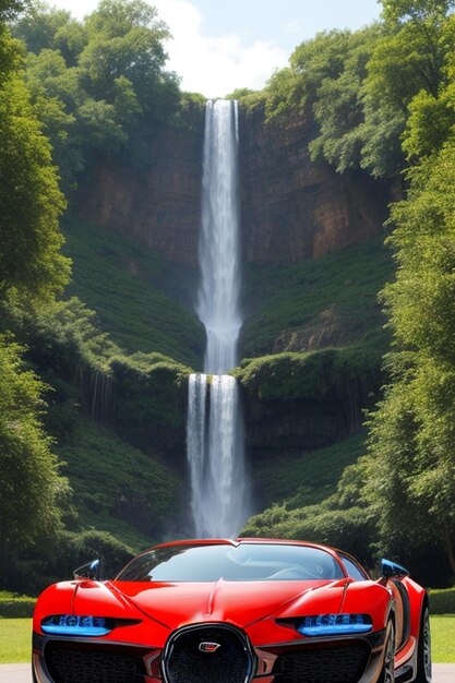 coche bugatti cuerpo completo mezcla de colores ciudad fondo cascada árboles