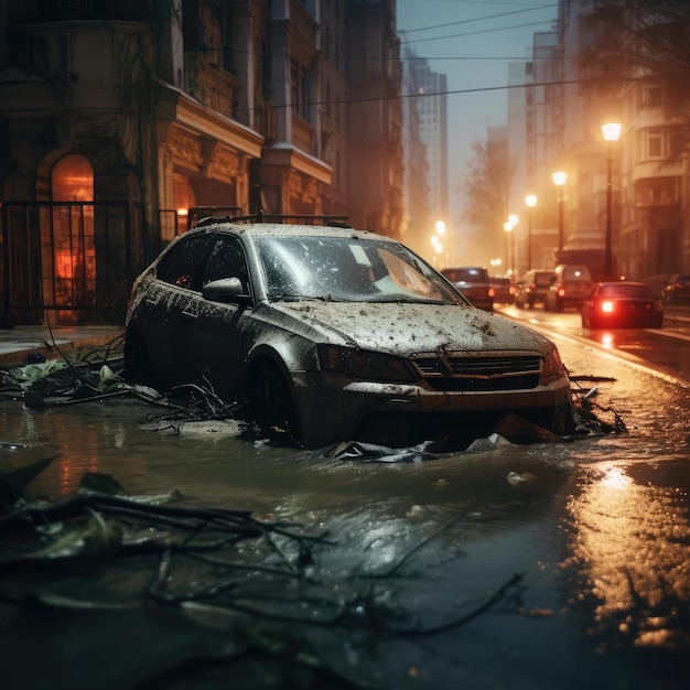 Un coche en una calle de la ciudad con una inundación.