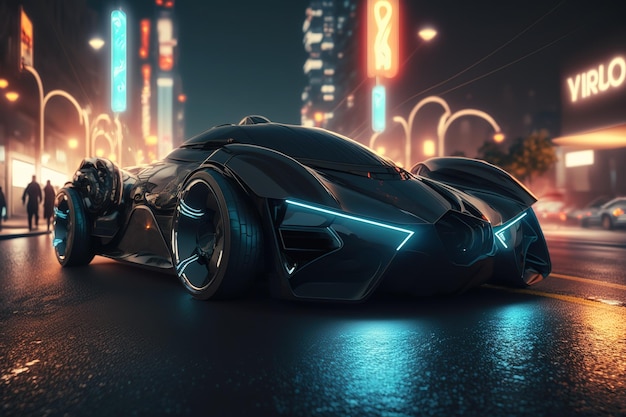 Coche en la calle de la ciudad de noche Vista frontal Coche deportivo Vehículo autónomo futurista Coche HUD IA generativa