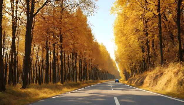 Coche en el camino en el bosque de otoño